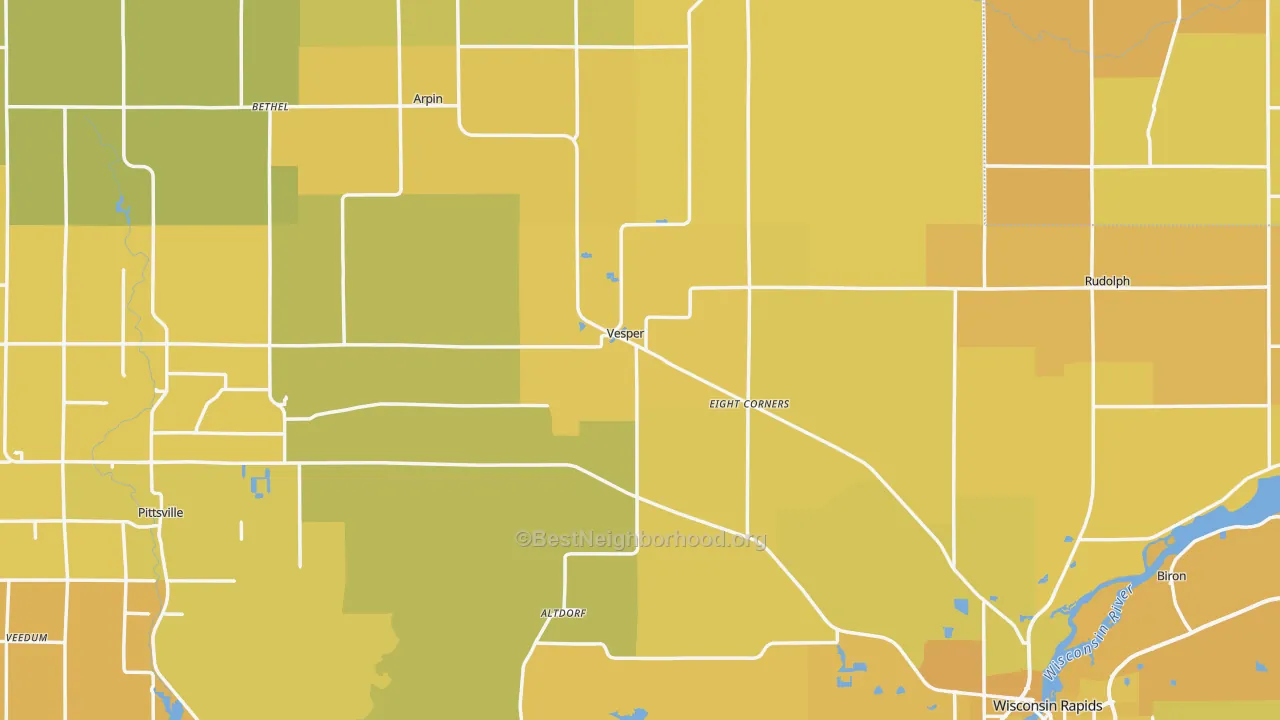 Map of the best neighborhoods in the Wood County area, with better matches in green and worse matches in red