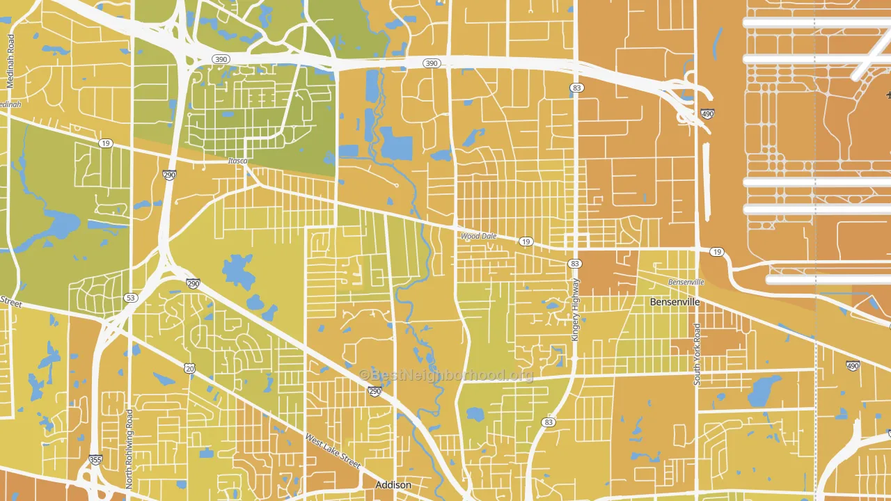 Map of the best neighborhoods in the Wood Dale area, with better matches in green and worse matches in red