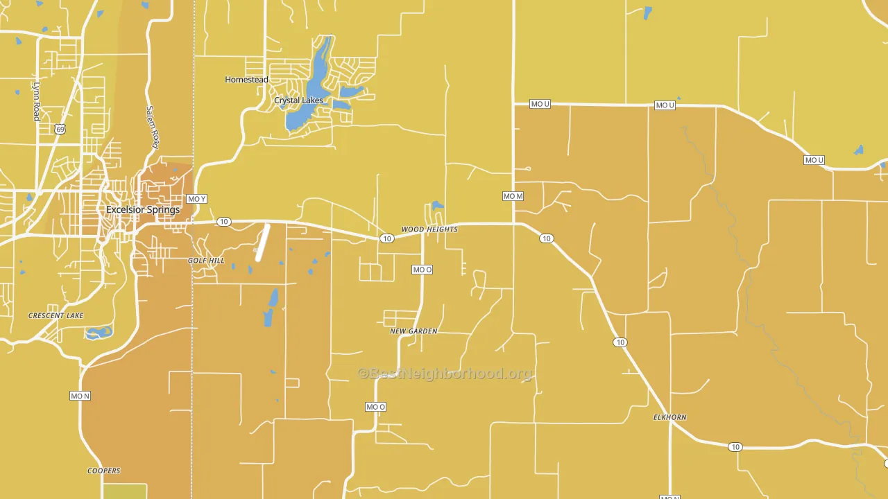 Map of the best neighborhoods in the Wood Heights area, with better matches in green and worse matches in red