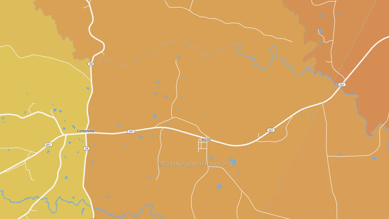 Map of the best neighborhoods in the Wood area, with better matches in green and worse matches in red