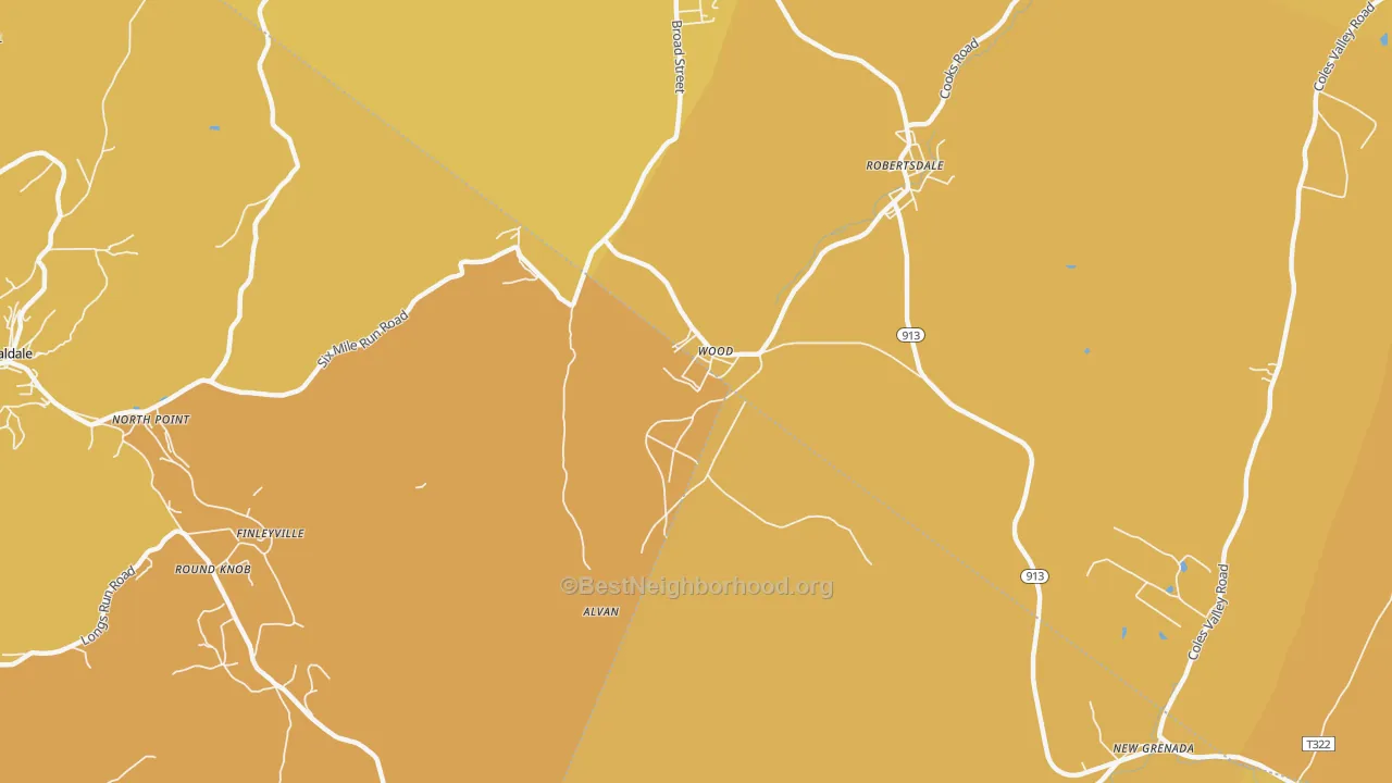 Map of the best neighborhoods in the Wood area, with better matches in green and worse matches in red