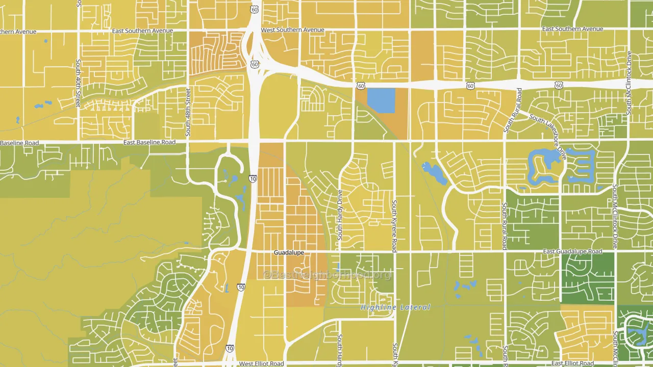 Map of the best neighborhoods in the Wood Park, Tempe area, with better matches in green and worse matches in red