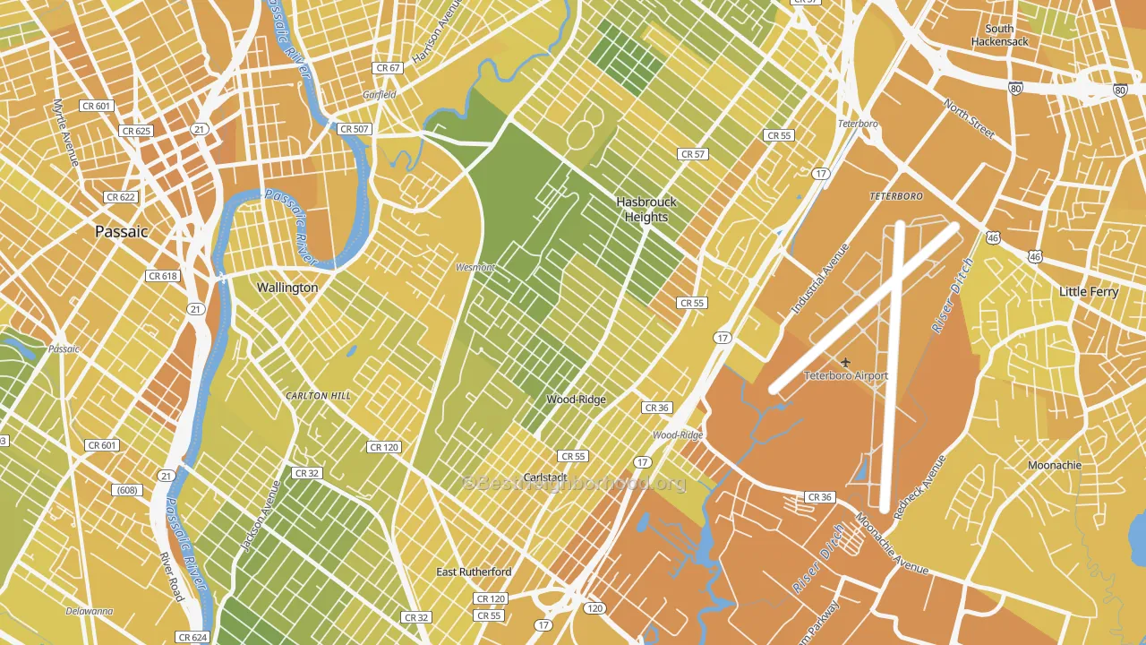 Map of the best neighborhoods in the Wood-Ridge area, with better matches in green and worse matches in red