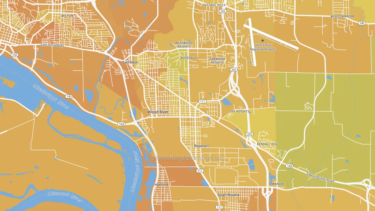 Map of the best neighborhoods in the Wood River area, with better matches in green and worse matches in red