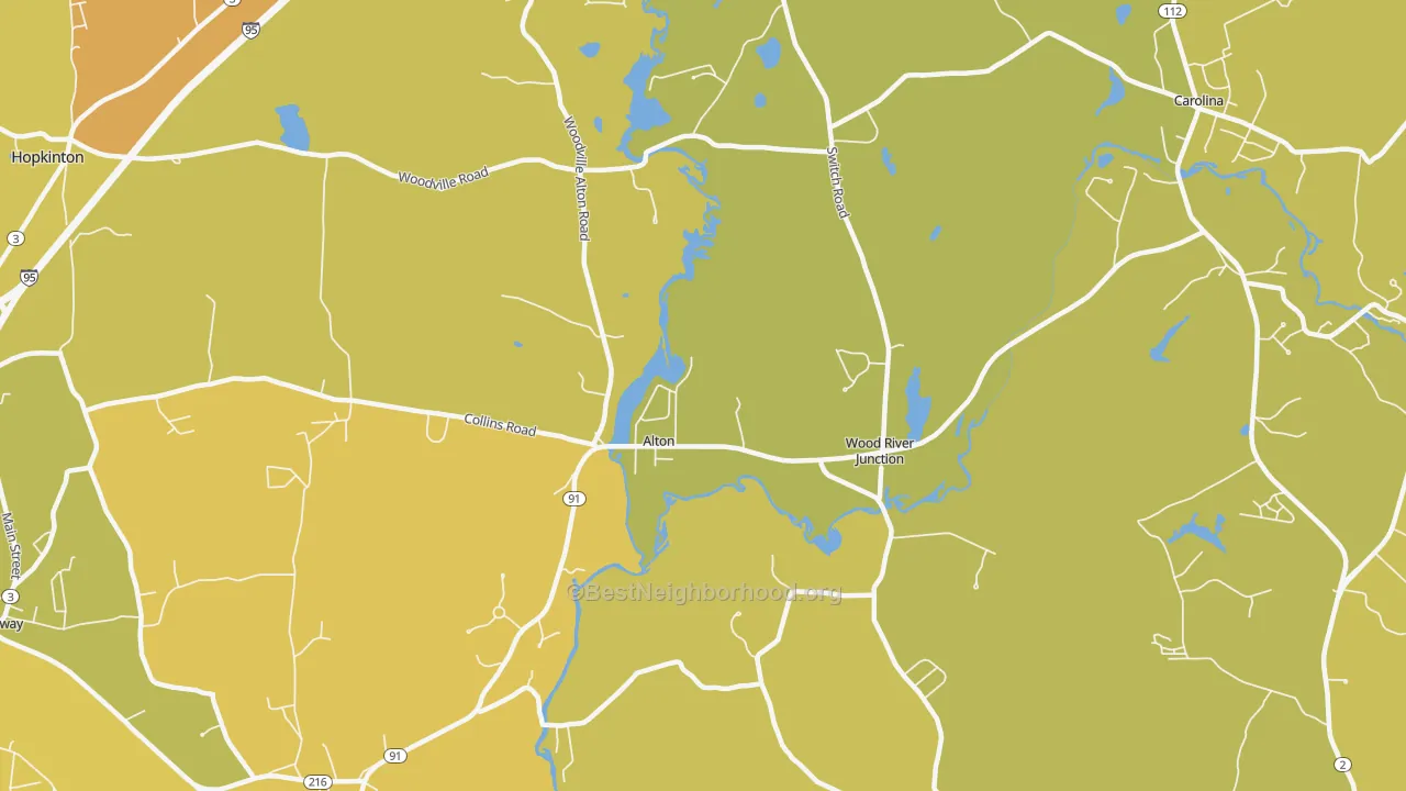 Map of the best neighborhoods in the Wood River Junction area, with better matches in green and worse matches in red