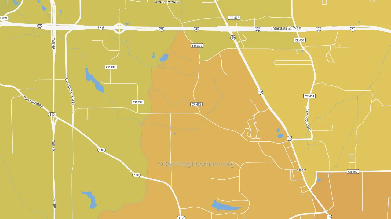 Map of the best neighborhoods in the Wood Springs area, with better matches in green and worse matches in red
