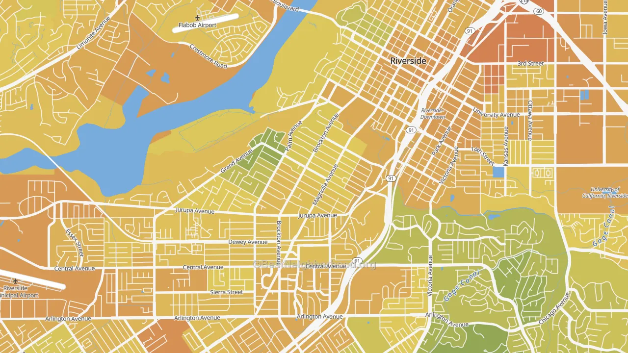 Map of the best neighborhoods in the Wood Streets, Riverside area, with better matches in green and worse matches in red