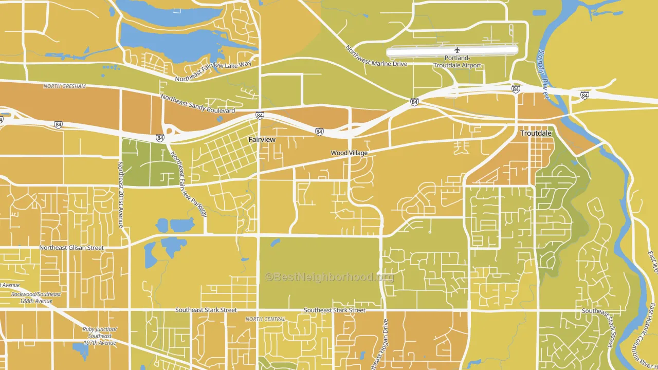 Map of the best neighborhoods in the Wood Village area, with better matches in green and worse matches in red