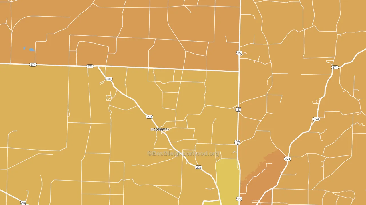 Map of the best neighborhoods in the Woodberry area, with better matches in green and worse matches in red