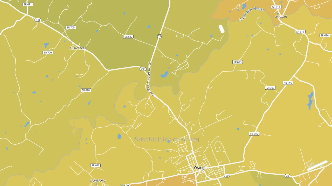 Map of the best neighborhoods in the Woodberry Forest area, with better matches in green and worse matches in red