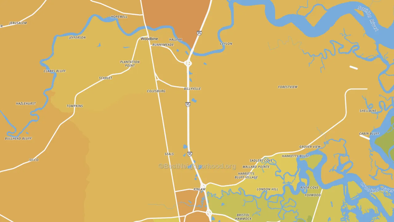 Map of the best neighborhoods in the Woodbine area, with better matches in green and worse matches in red
