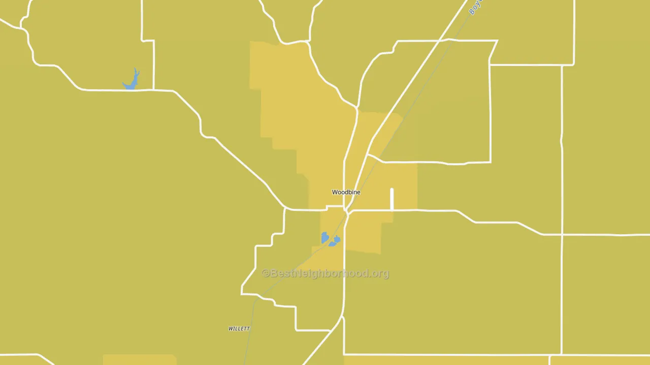 Map of the best neighborhoods in the Woodbine area, with better matches in green and worse matches in red