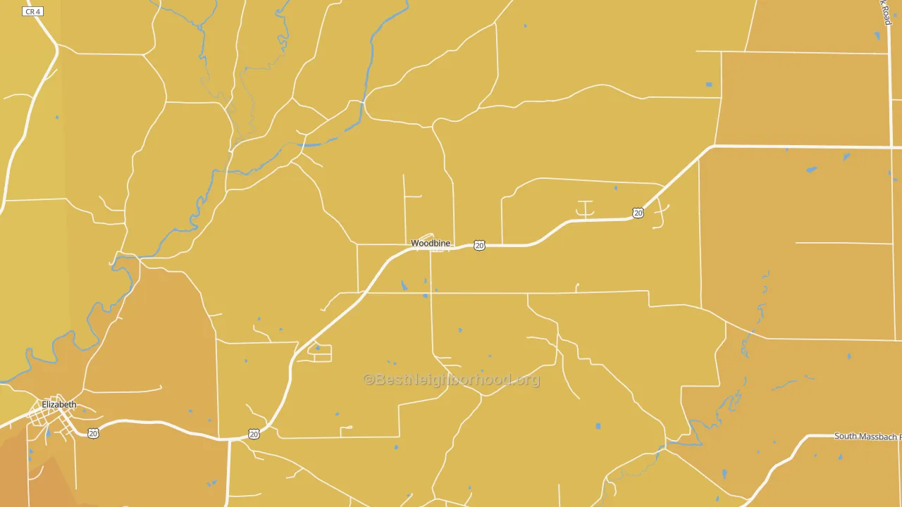 Map of the best neighborhoods in the Woodbine area, with better matches in green and worse matches in red