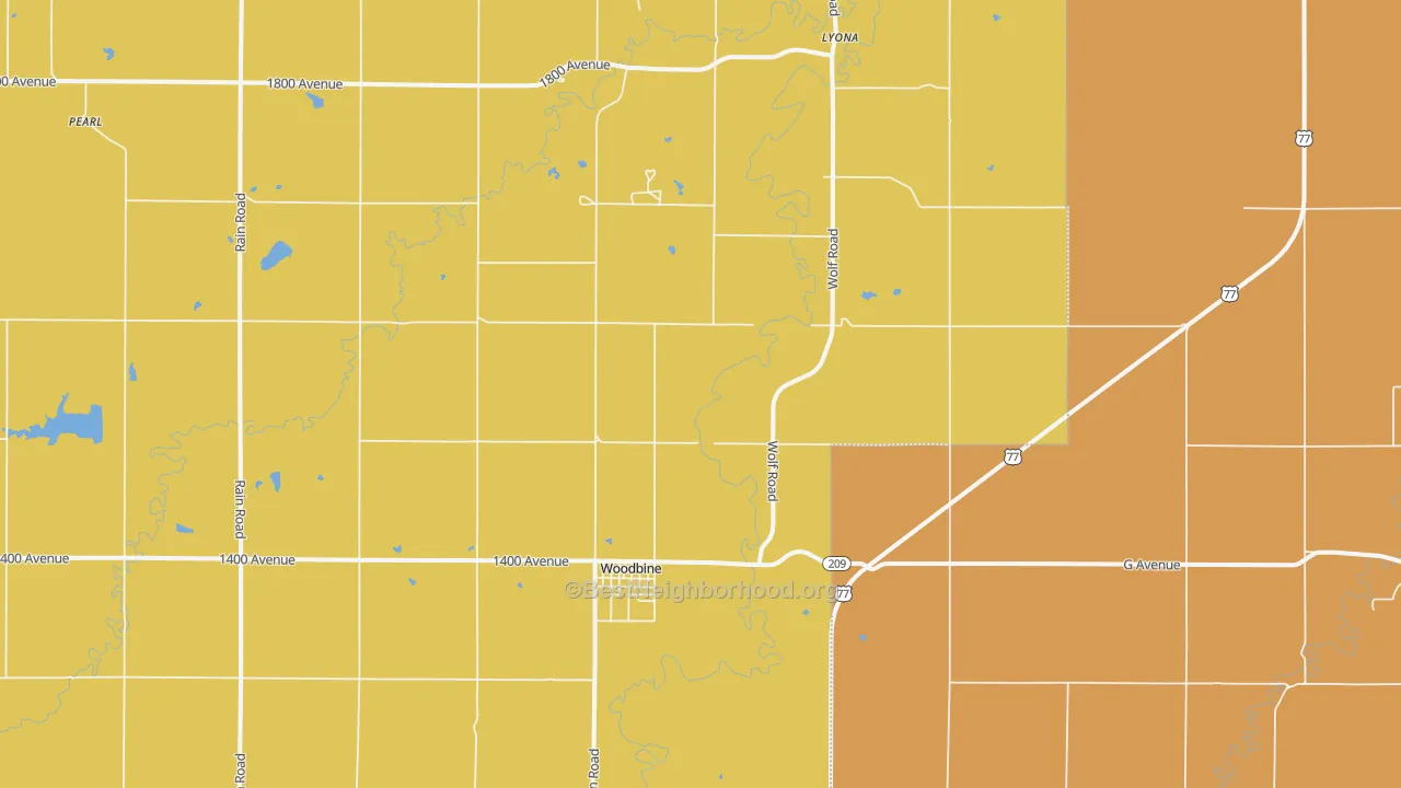 Map of the best neighborhoods in the Woodbine area, with better matches in green and worse matches in red