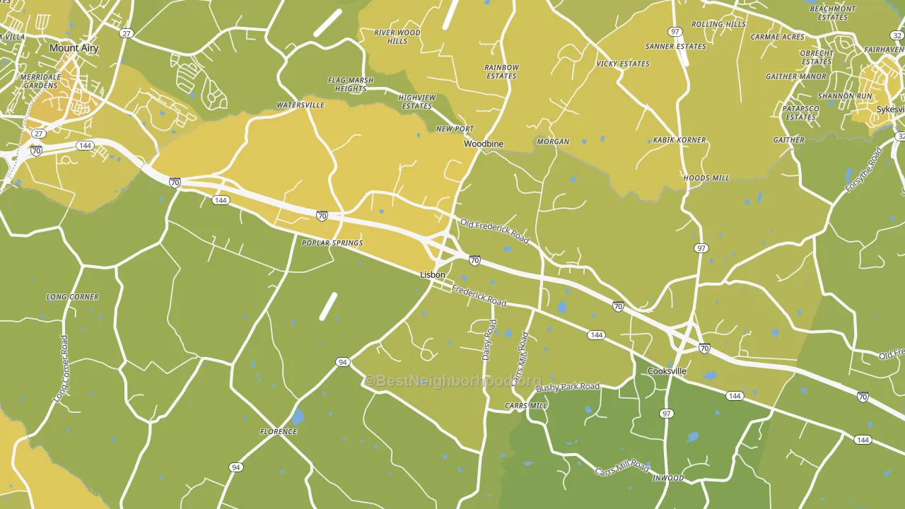 Map of the best neighborhoods in the Woodbine area, with better matches in green and worse matches in red