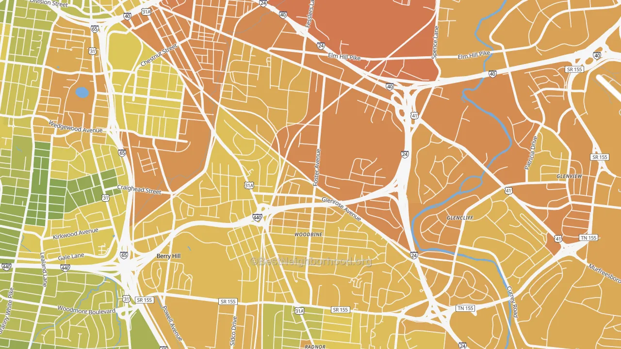 Map of the best neighborhoods in the Woodbine, Nashville area, with better matches in green and worse matches in red