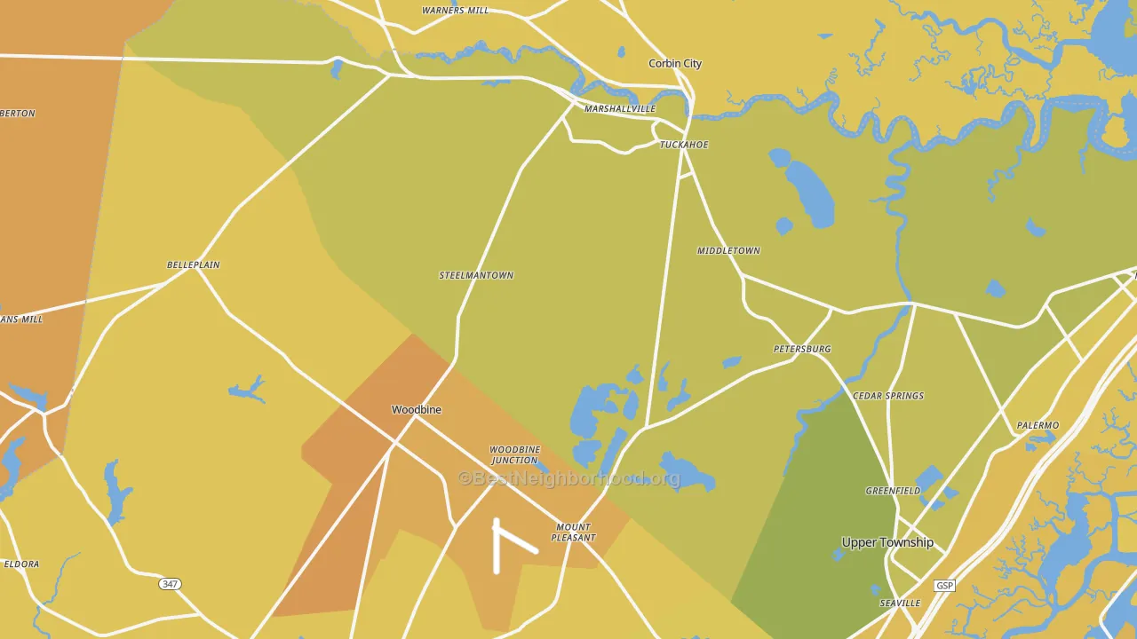 Map of the best neighborhoods in the Woodbine area, with better matches in green and worse matches in red