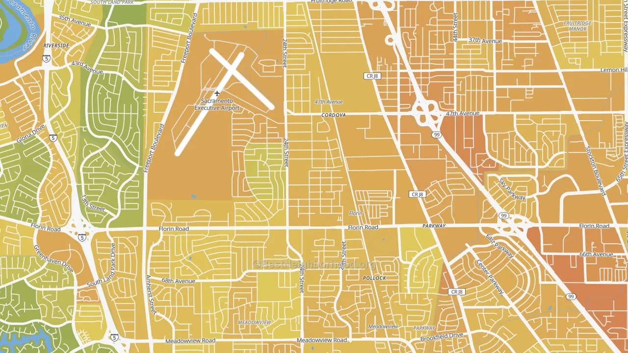 Map of the best neighborhoods in the Woodbine, Sacramento area, with better matches in green and worse matches in red