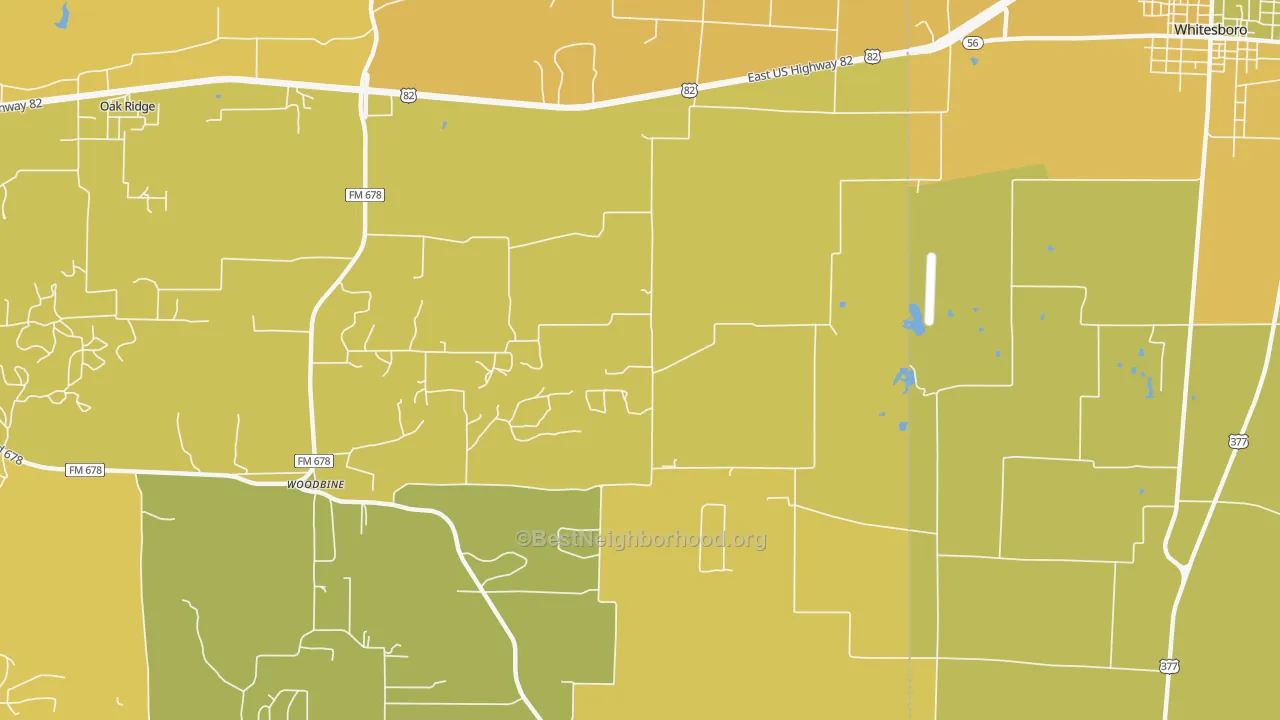 Map of the best neighborhoods in the Woodbine area, with better matches in green and worse matches in red