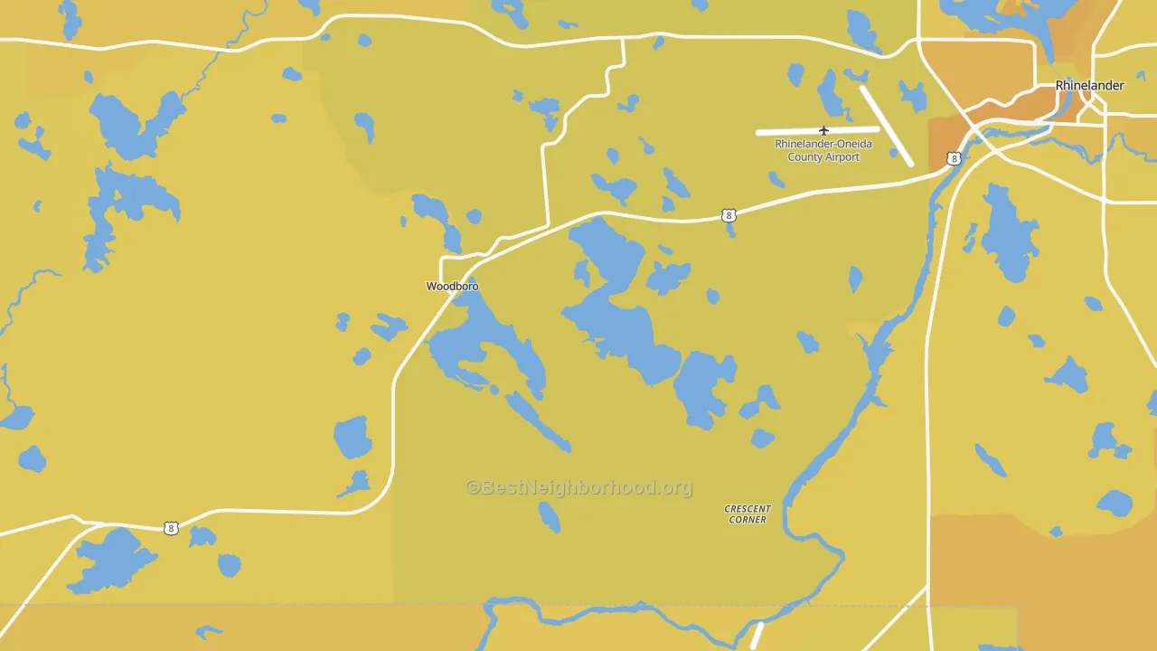 Map of the best neighborhoods in the Woodboro area, with better matches in green and worse matches in red