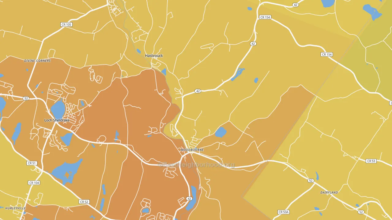 Map of the best neighborhoods in the Woodbourne area, with better matches in green and worse matches in red