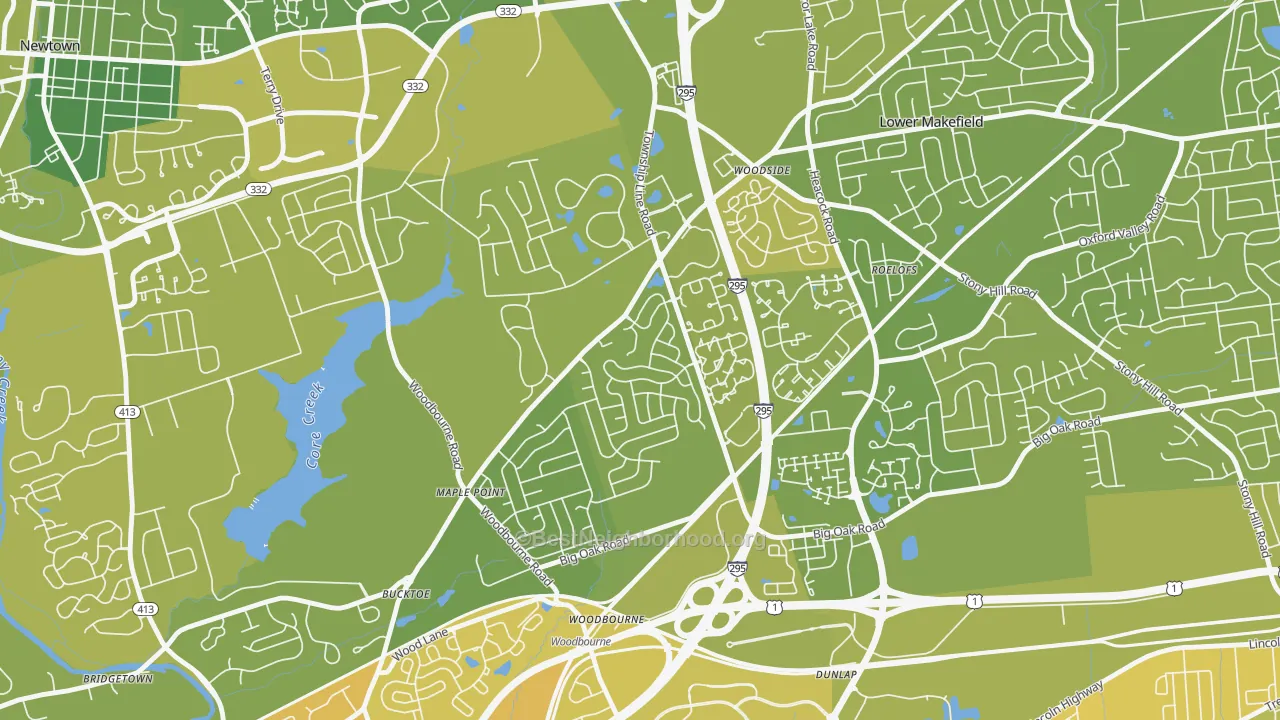 Map of the best neighborhoods in the Woodbourne area, with better matches in green and worse matches in red