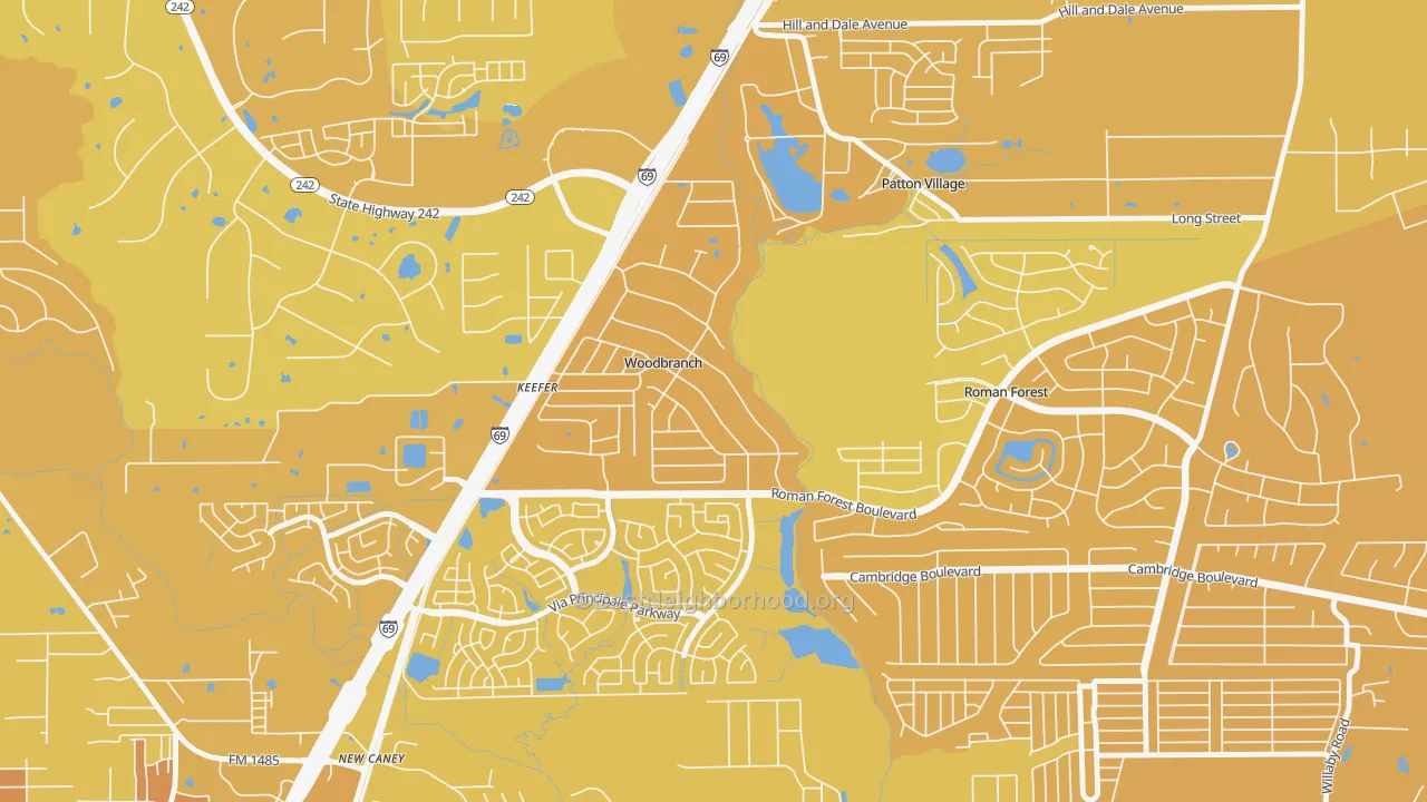 Map of the best neighborhoods in the Woodbranch area, with better matches in green and worse matches in red