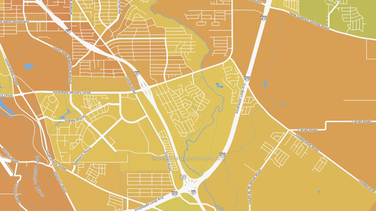 Map of the best neighborhoods in the Woodbridge at Monte Viejo, San Antonio area, with better matches in green and worse matches in red