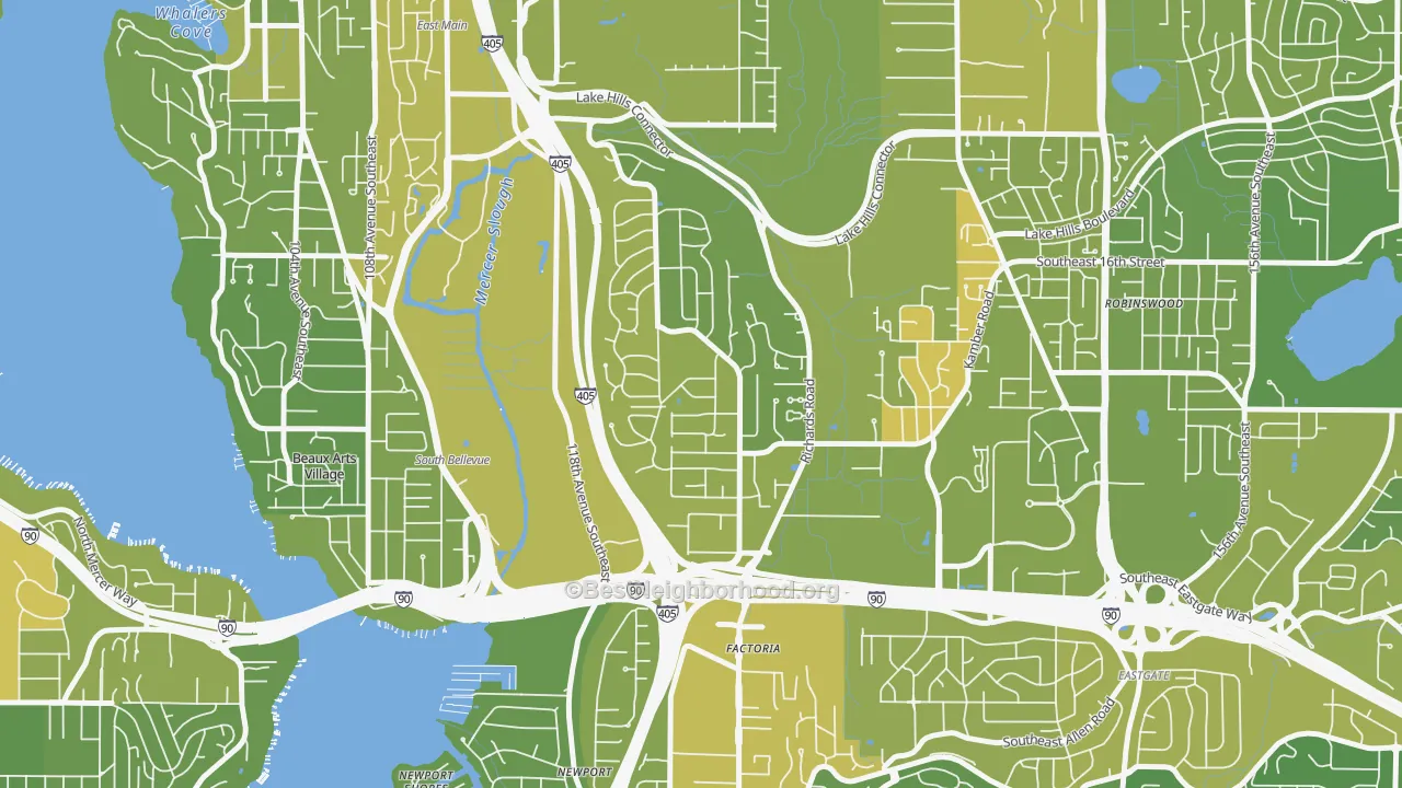Map of the best neighborhoods in the Woodbridge, Bellevue area, with better matches in green and worse matches in red