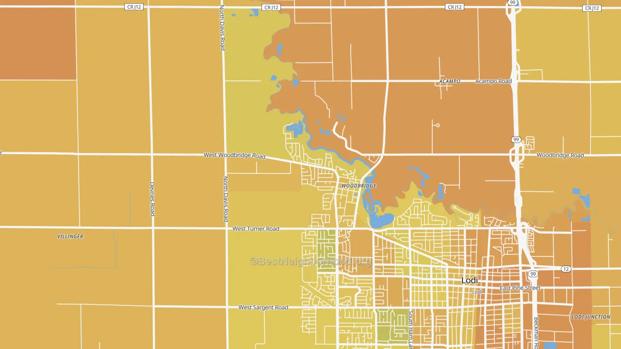 Map of the best neighborhoods in the Woodbridge area, with better matches in green and worse matches in red