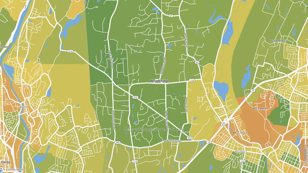 Map of the best neighborhoods in the Woodbridge area, with better matches in green and worse matches in red