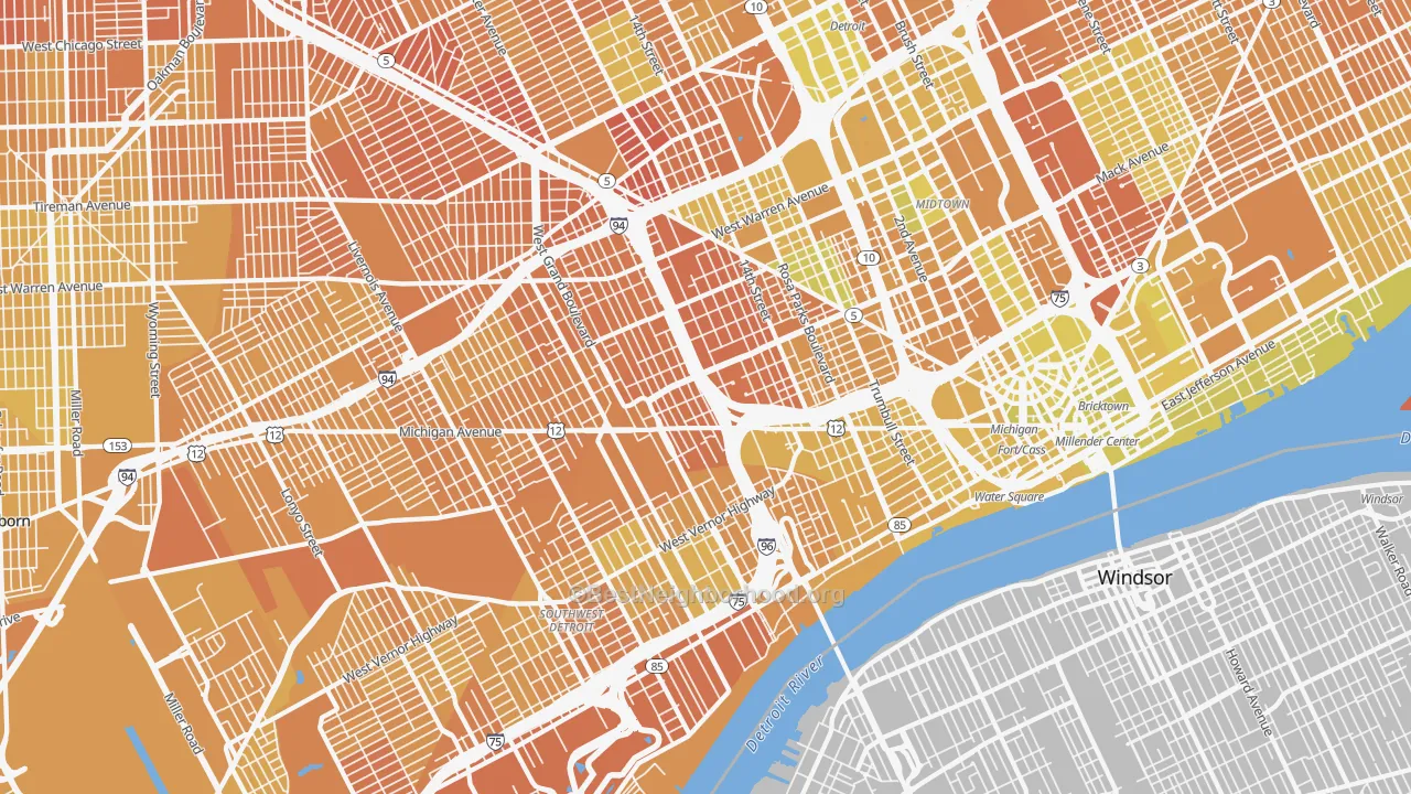 Map of the best neighborhoods in the Woodbridge, Detroit area, with better matches in green and worse matches in red