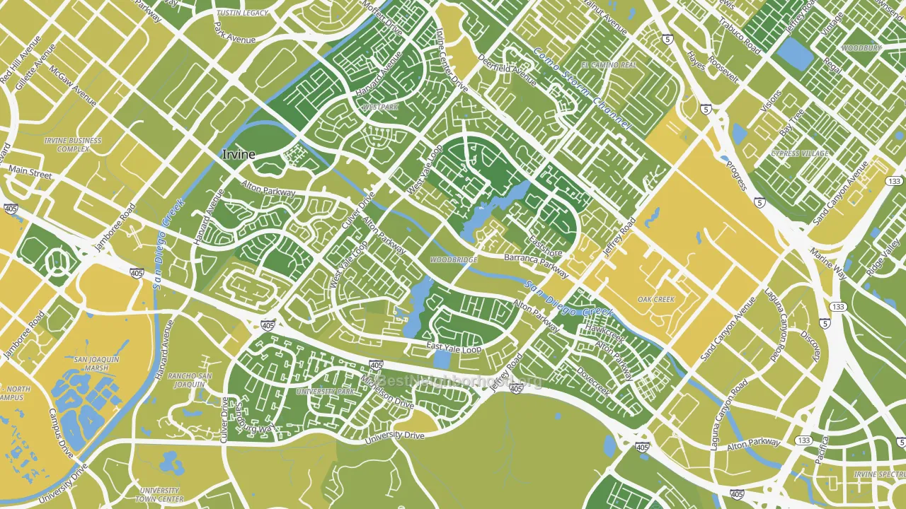 Map of the best neighborhoods in the Woodbridge, Irvine area, with better matches in green and worse matches in red