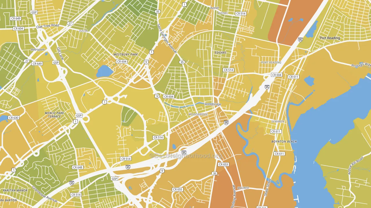 Map of the best neighborhoods in the Woodbridge area, with better matches in green and worse matches in red