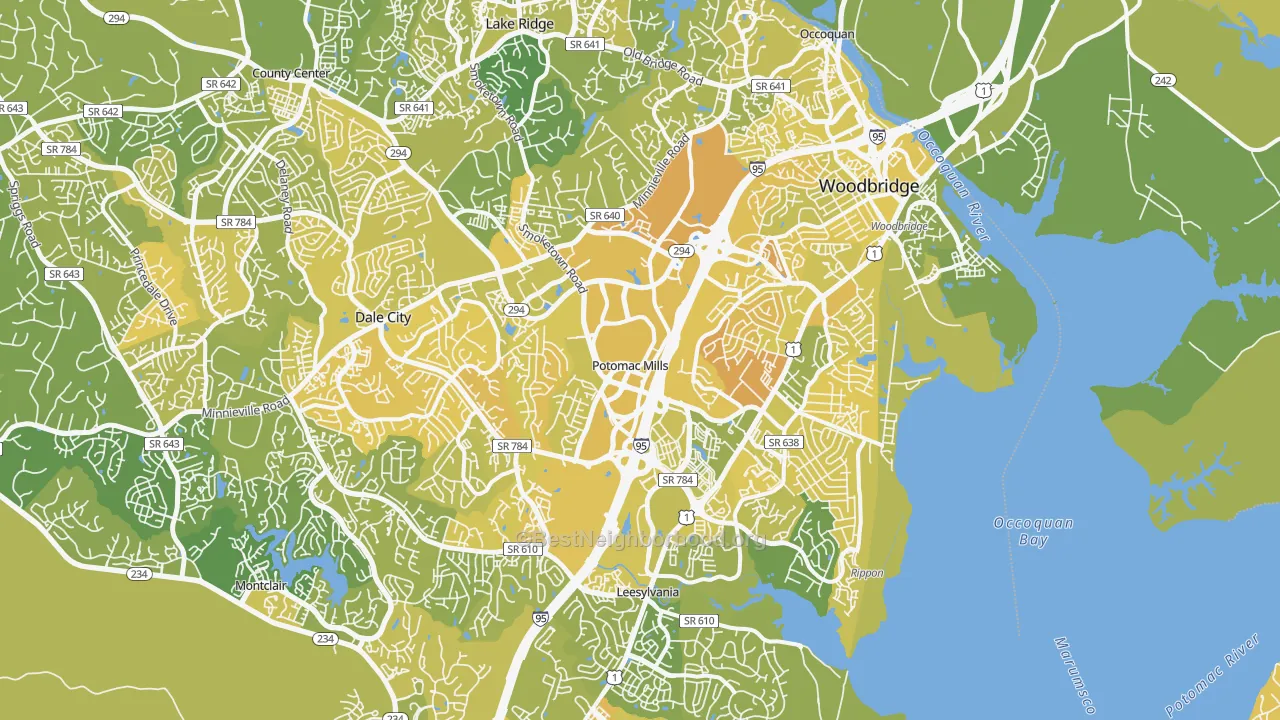 Map of the best neighborhoods in the Woodbridge area, with better matches in green and worse matches in red