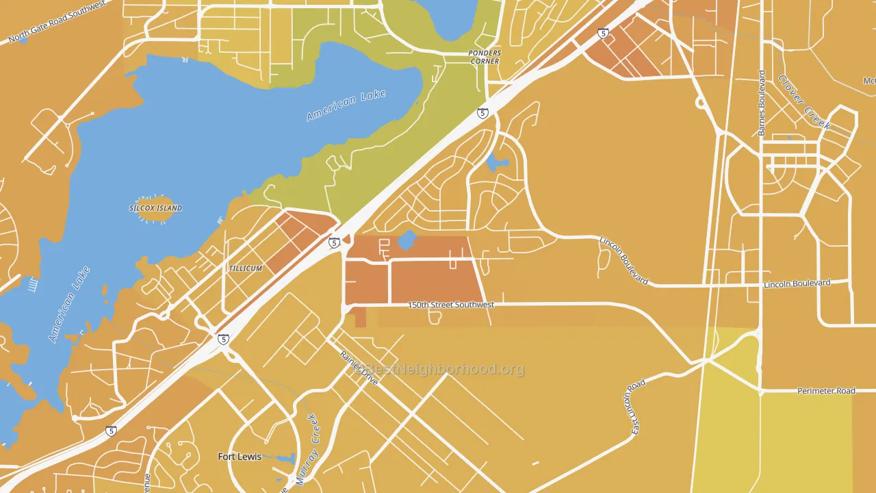 Map of the best neighborhoods in the Woodbrook, Lakewood area, with better matches in green and worse matches in red