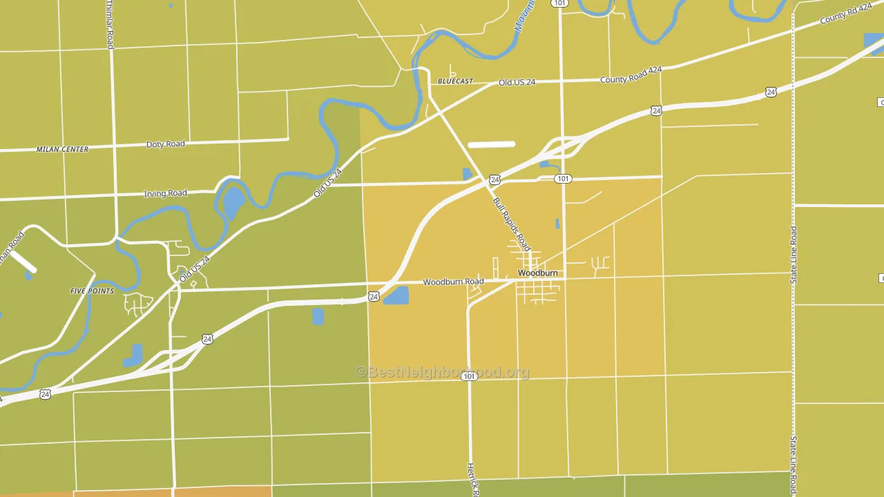 Map of the best neighborhoods in the Woodburn area, with better matches in green and worse matches in red