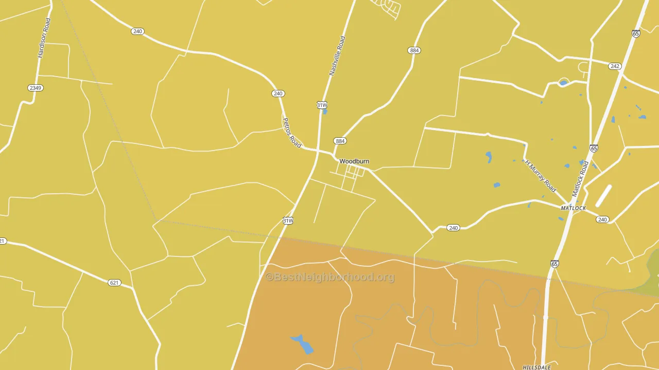 Map of the best neighborhoods in the Woodburn area, with better matches in green and worse matches in red