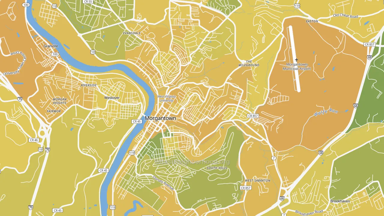 Map of the best neighborhoods in the Woodburn, Morgantown area, with better matches in green and worse matches in red