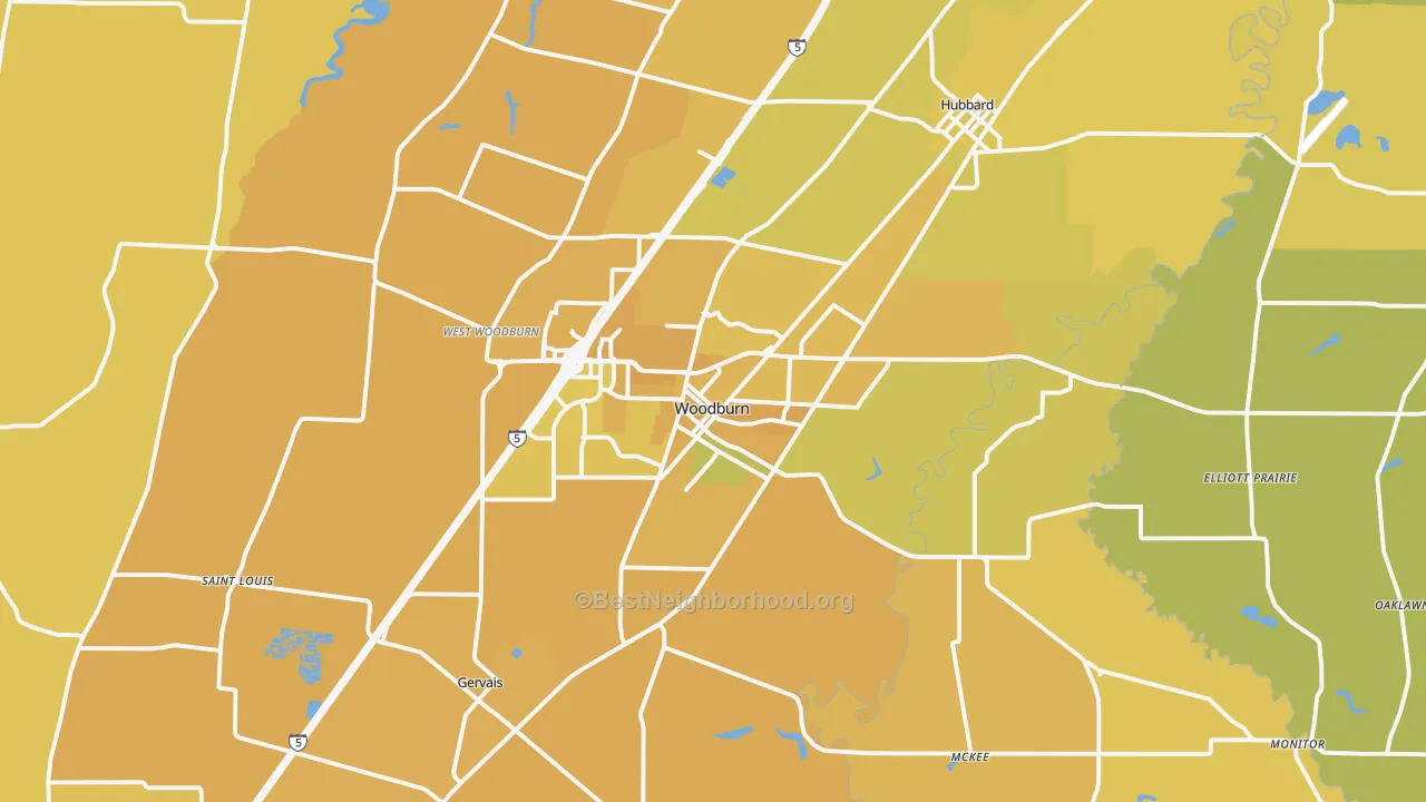 Map of the best neighborhoods in the Woodburn area, with better matches in green and worse matches in red