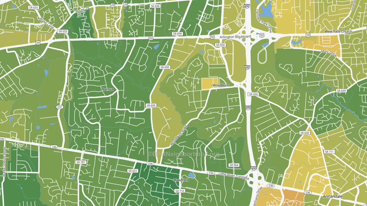 Map of the best neighborhoods in the Woodburn area, with better matches in green and worse matches in red