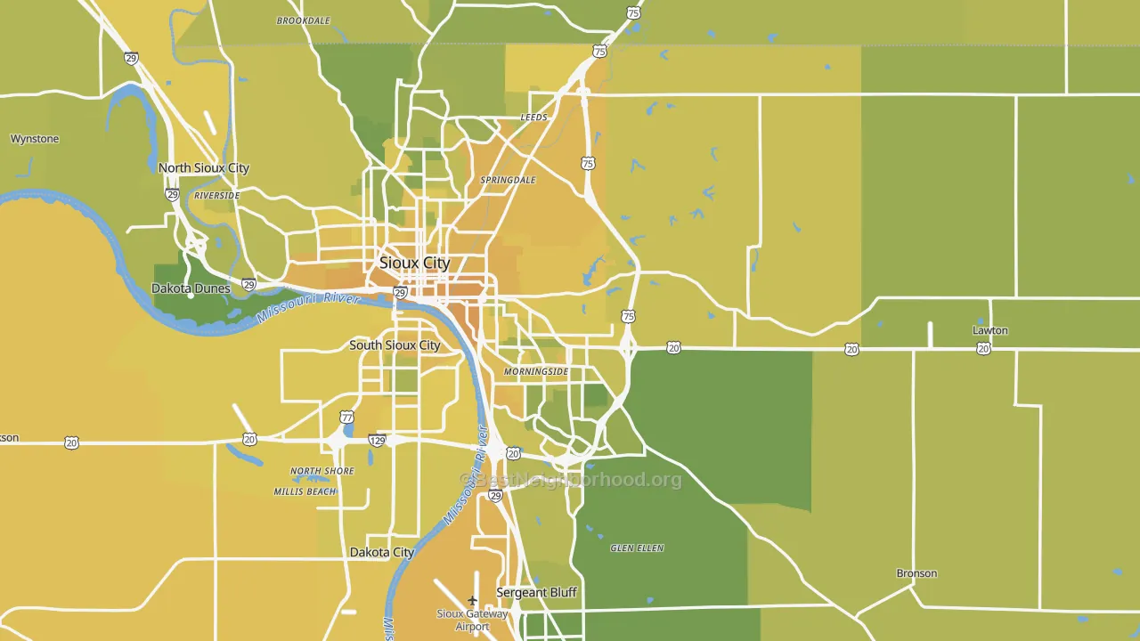 Map of the best neighborhoods in the Woodbury County area, with better matches in green and worse matches in red