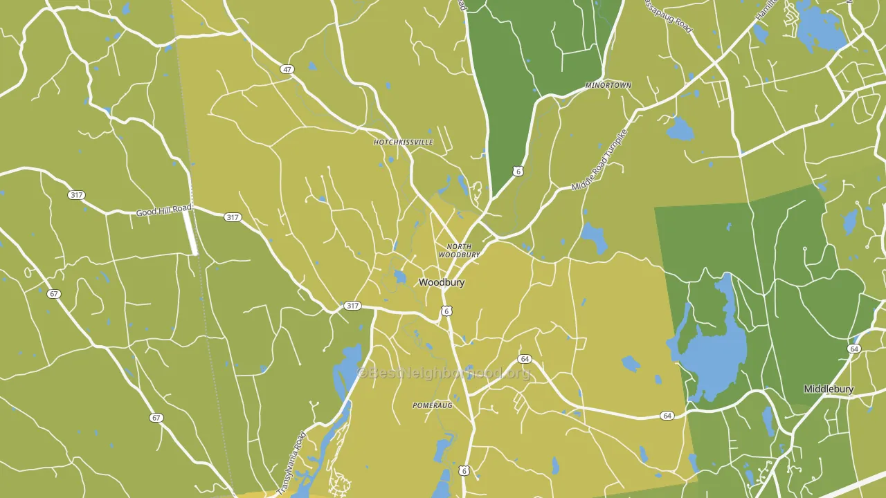 Map of the best neighborhoods in the Woodbury area, with better matches in green and worse matches in red