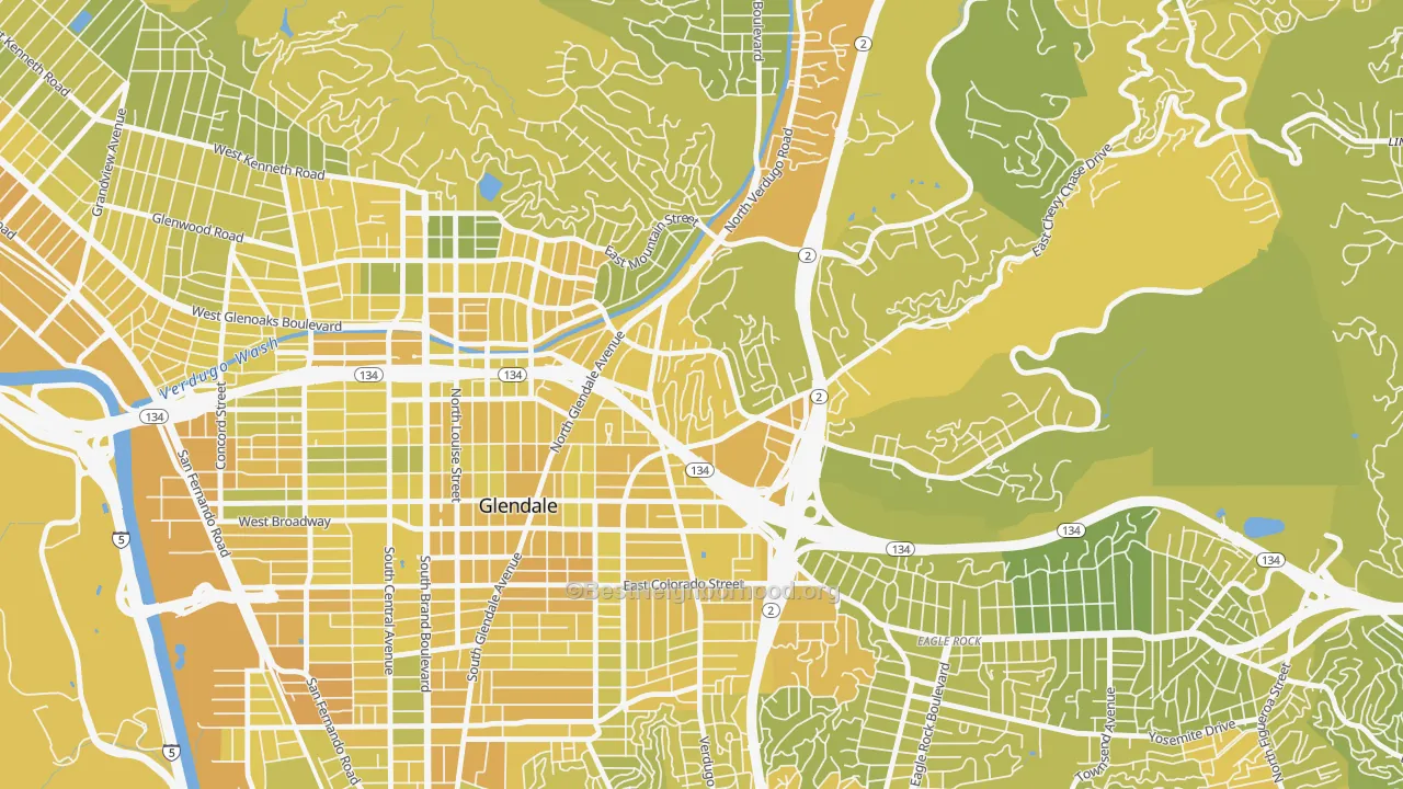 Map of the best neighborhoods in the Woodbury-Glendale, Glendale area, with better matches in green and worse matches in red