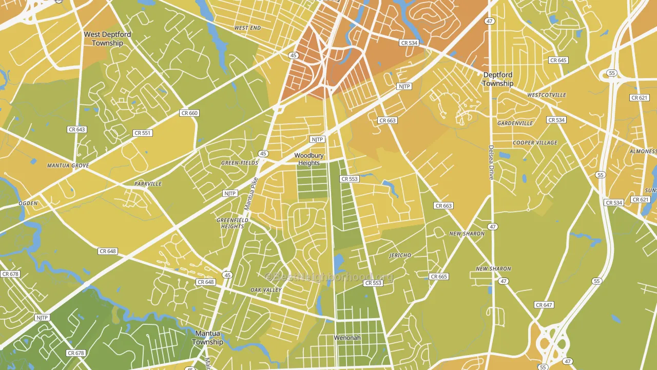 Map of the best neighborhoods in the Woodbury Heights area, with better matches in green and worse matches in red