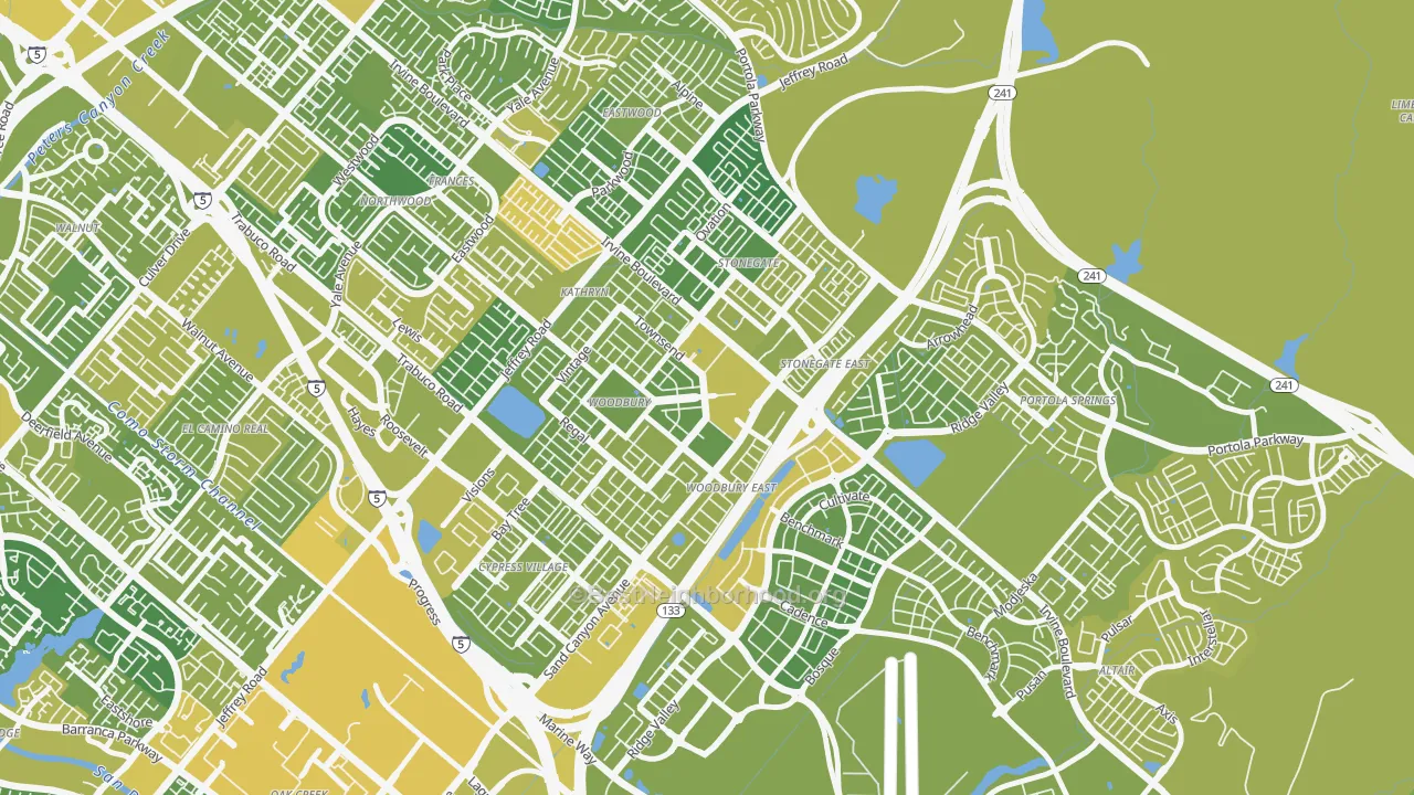 Map of the best neighborhoods in the Woodbury, Irvine area, with better matches in green and worse matches in red