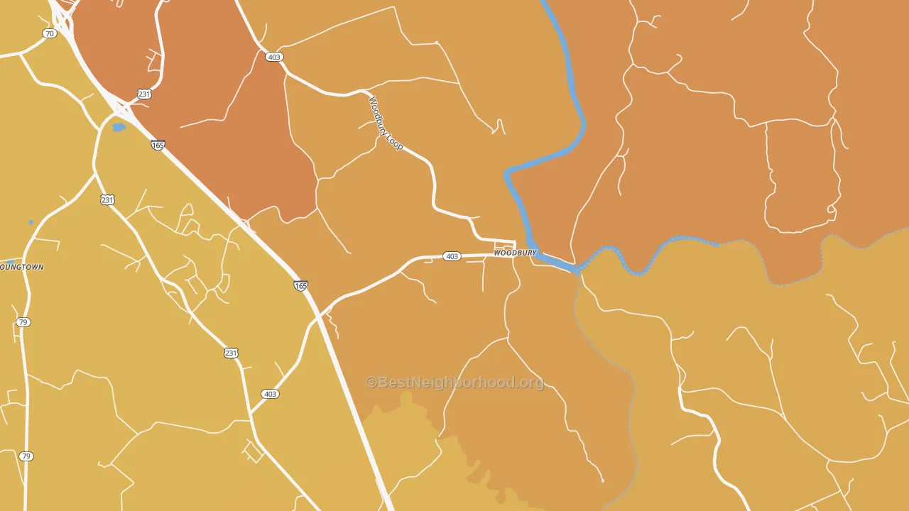 Map of the best neighborhoods in the Woodbury area, with better matches in green and worse matches in red