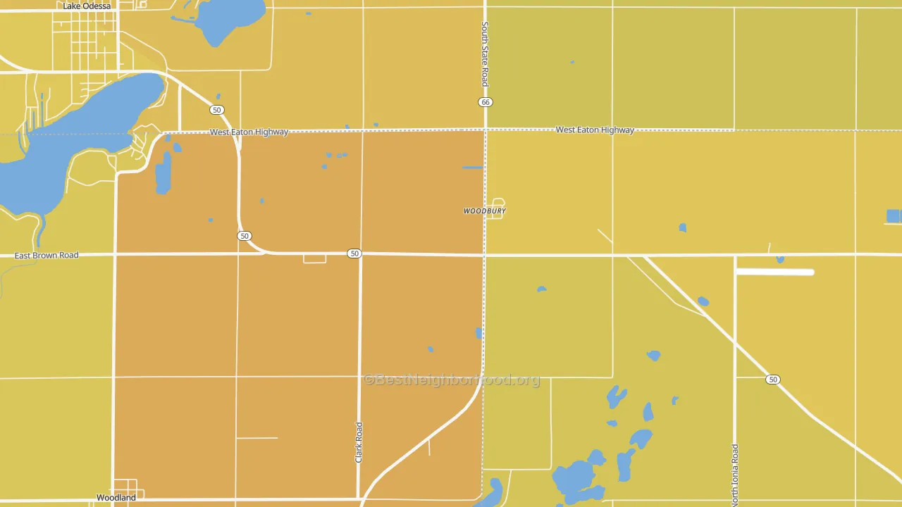 Map of the best neighborhoods in the Woodbury area, with better matches in green and worse matches in red