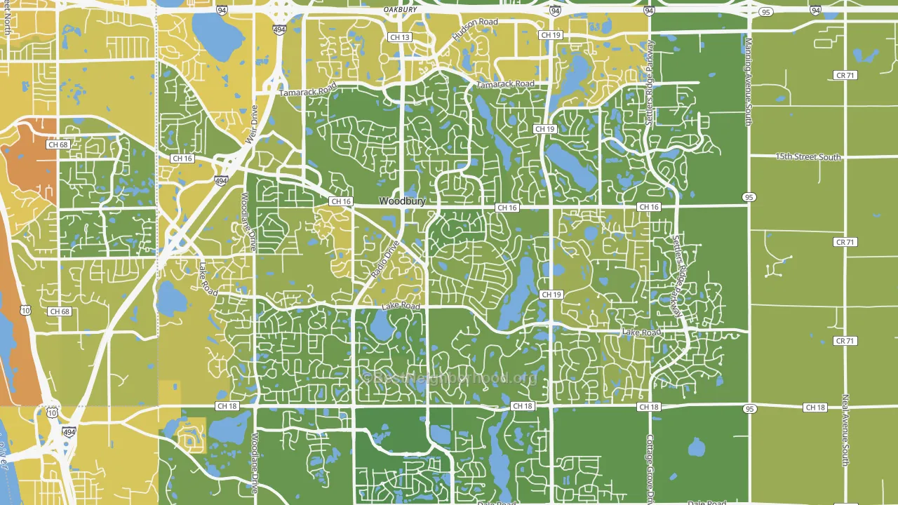 Map of the best neighborhoods in the Woodbury area, with better matches in green and worse matches in red