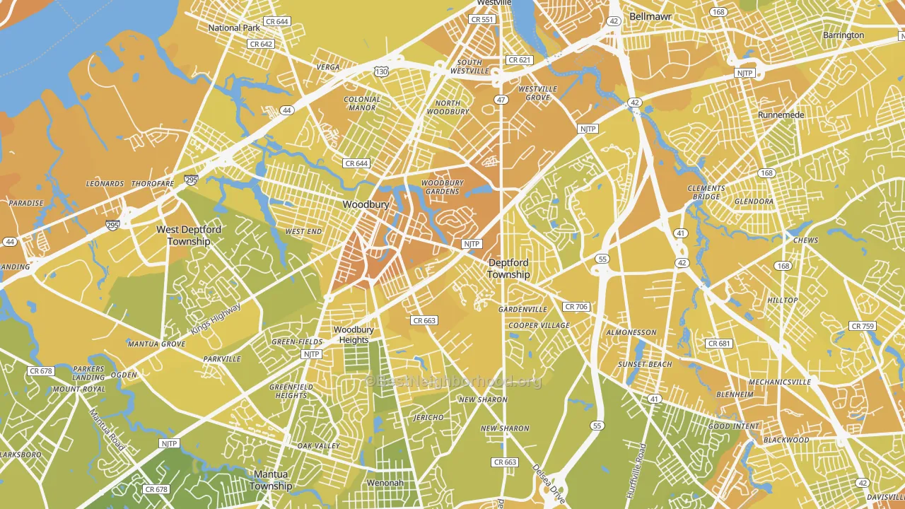 Map of the best neighborhoods in the Woodbury area, with better matches in green and worse matches in red